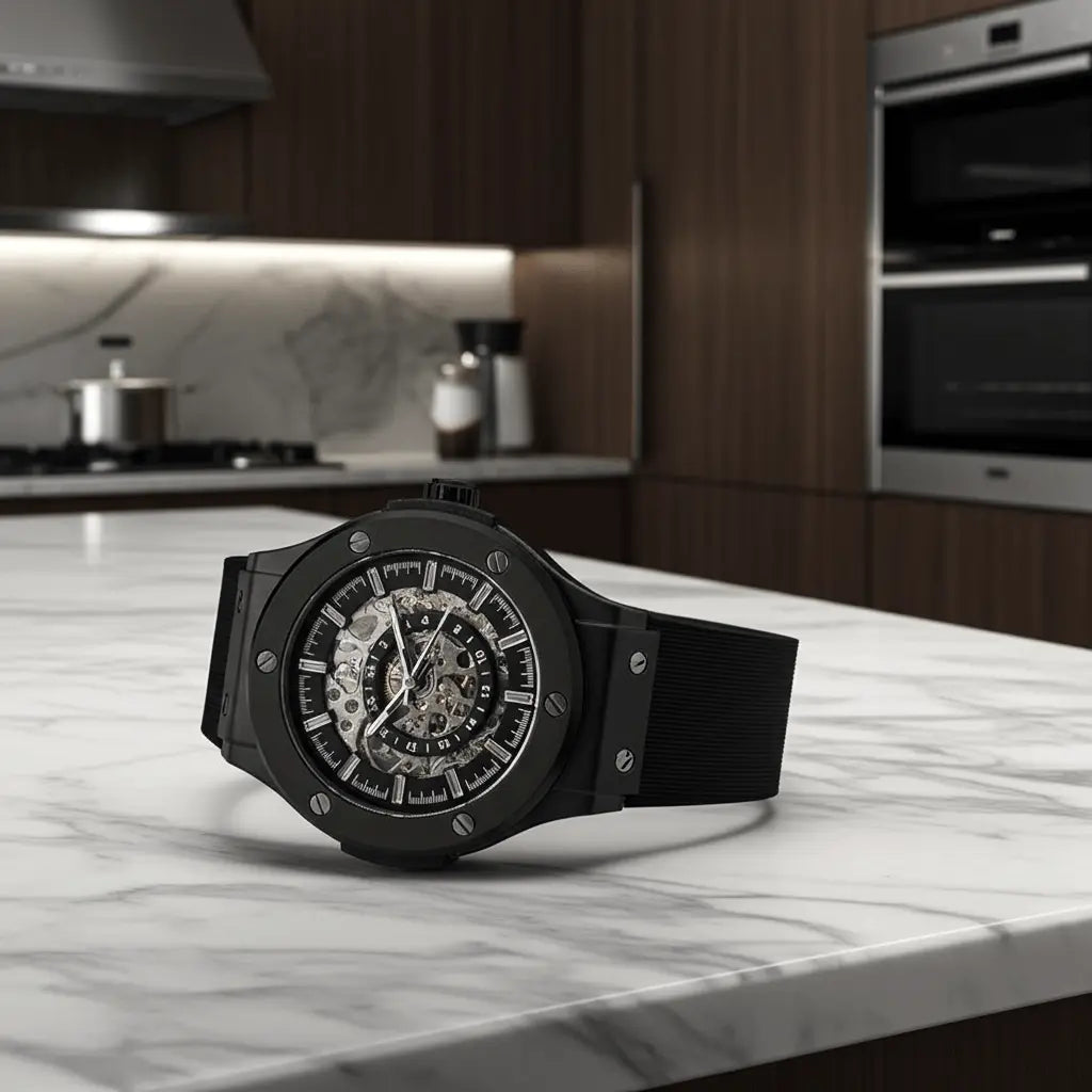 Black hublot watch with a skeletonized dial and black rubber strap.