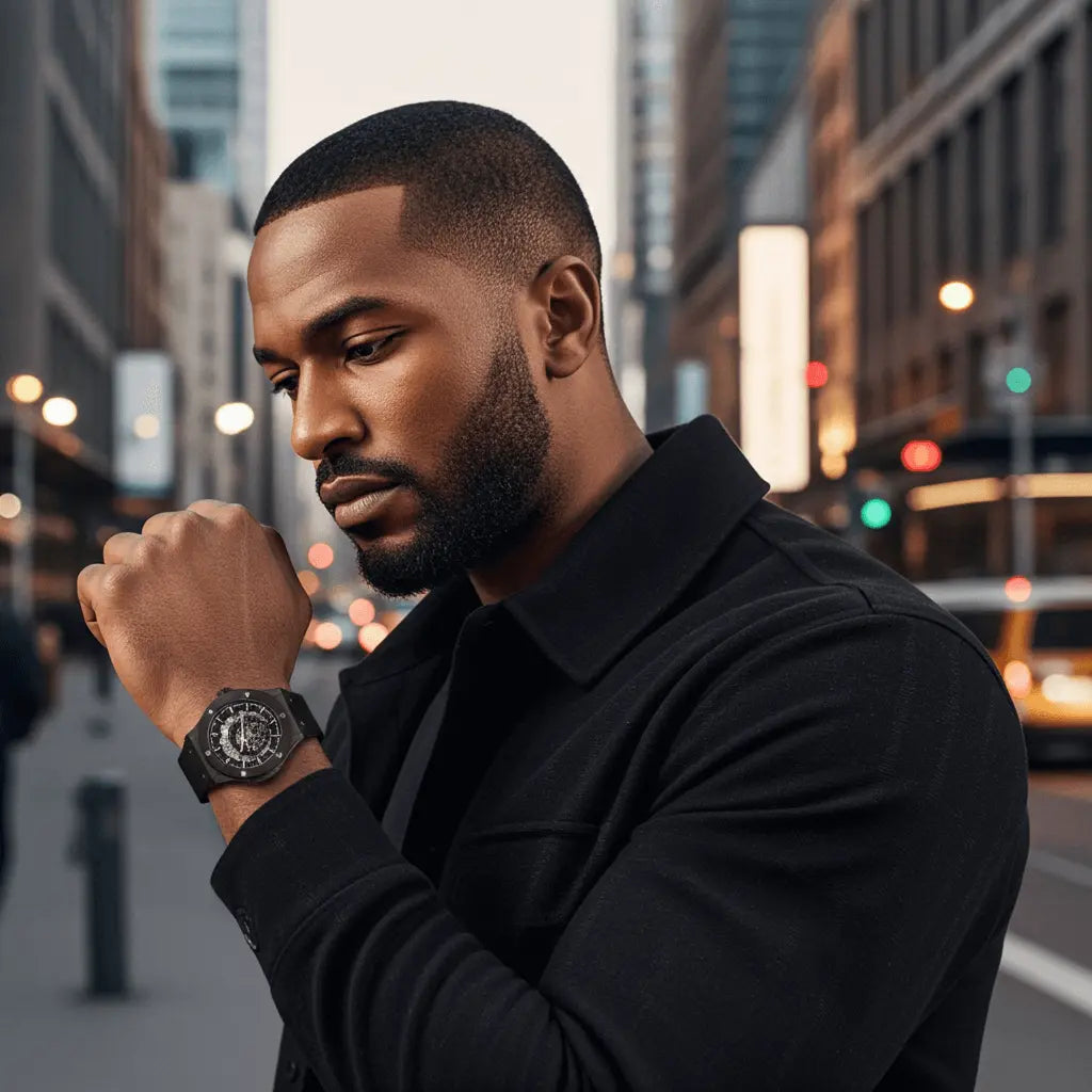 Black ceramic watch with a detailed dial and textured bezel