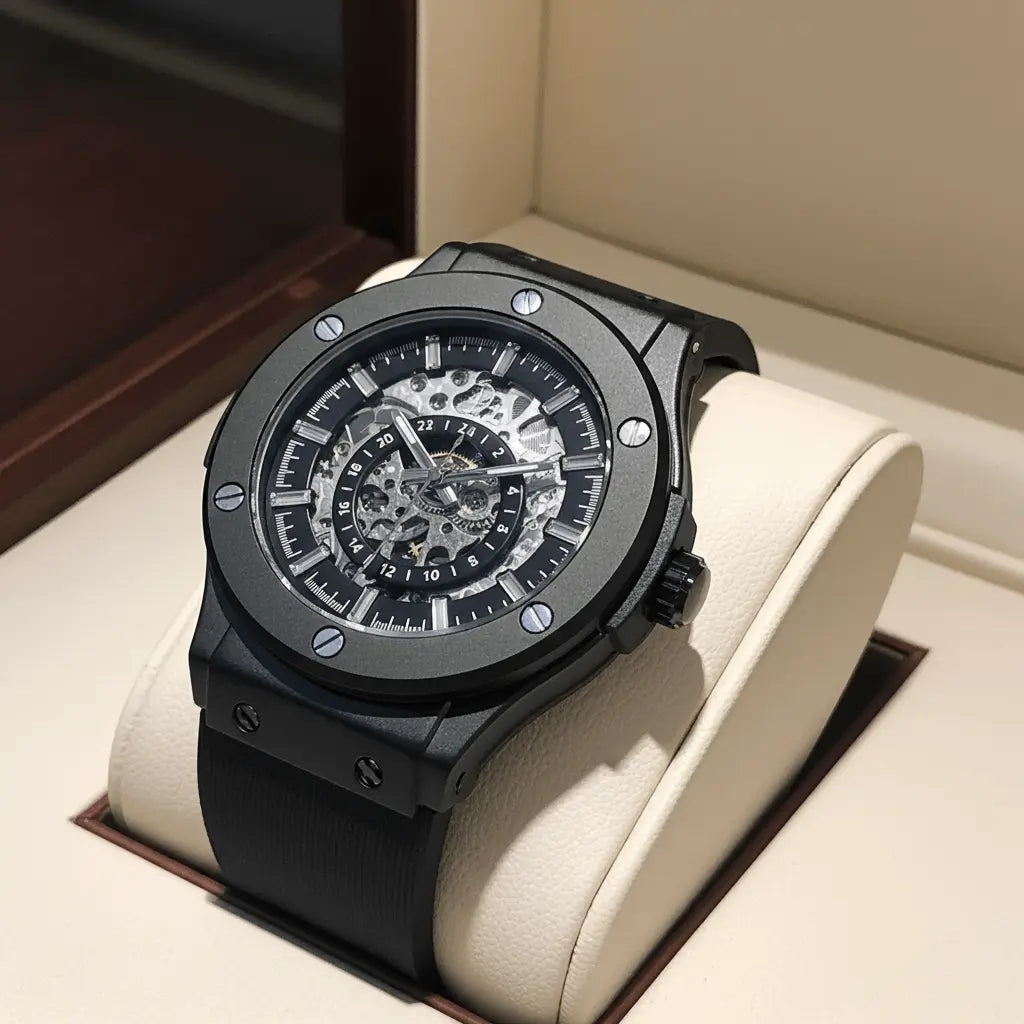 Black hublot watch with a skeletonized dial and black rubber strap.