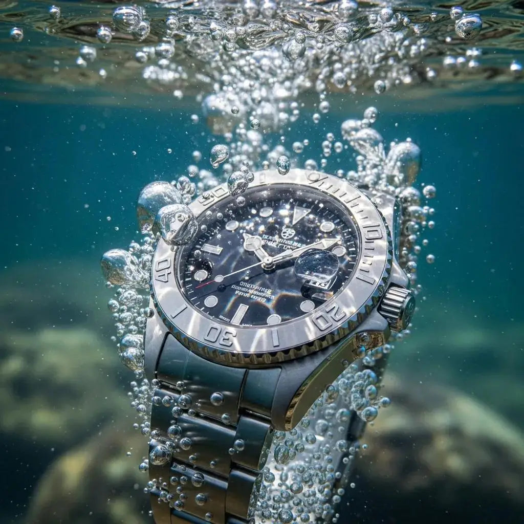 Stainless steel watch submerged in water, demonstrating water resistance and durability