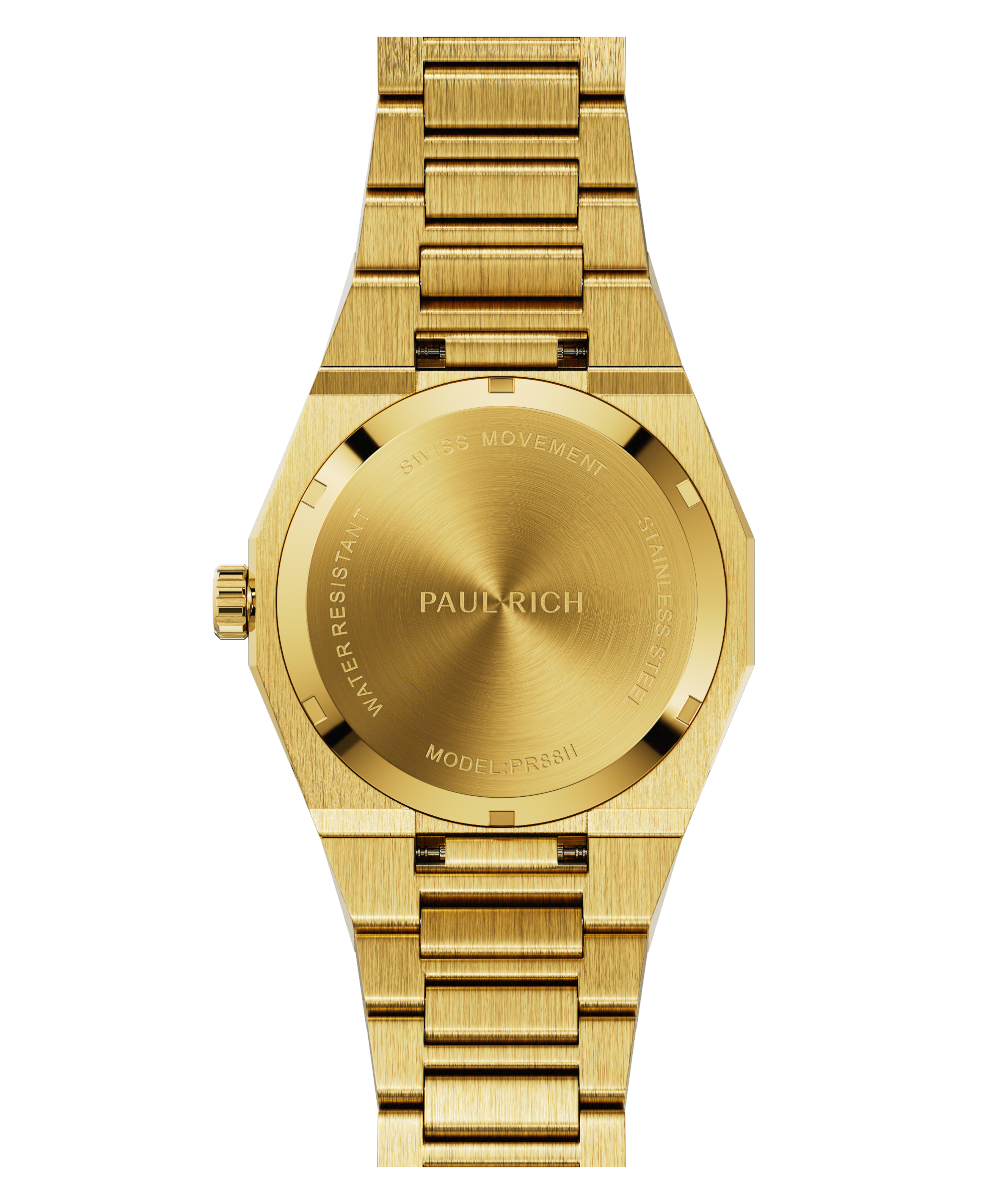 Gold watch with 'PAUL RICH' branding on a white background