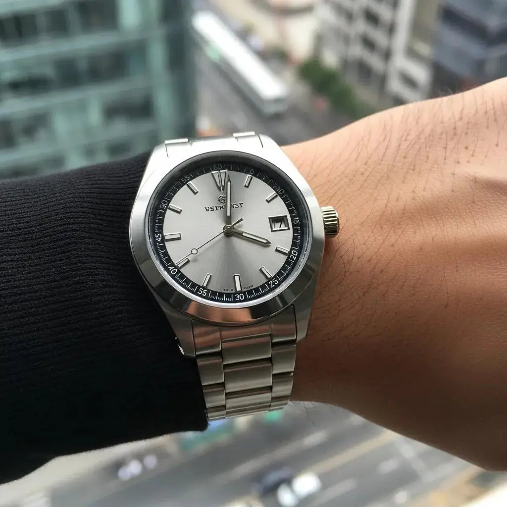 Stylish stainless steel watch on a man's wrist in an urban setting, representing everyday luxury