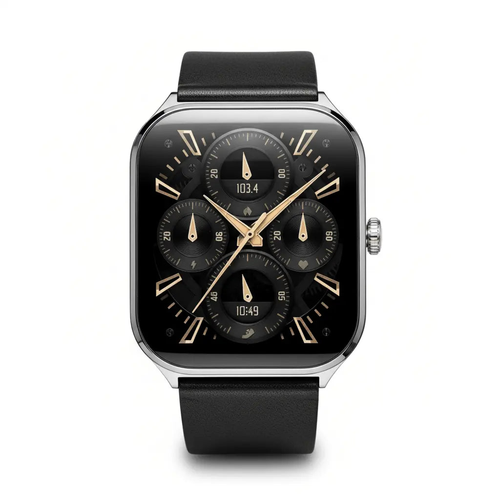 Black leather strap with a sleek silver-toned case and a black dial featuring gold-tone hands, markers, and three subdials.