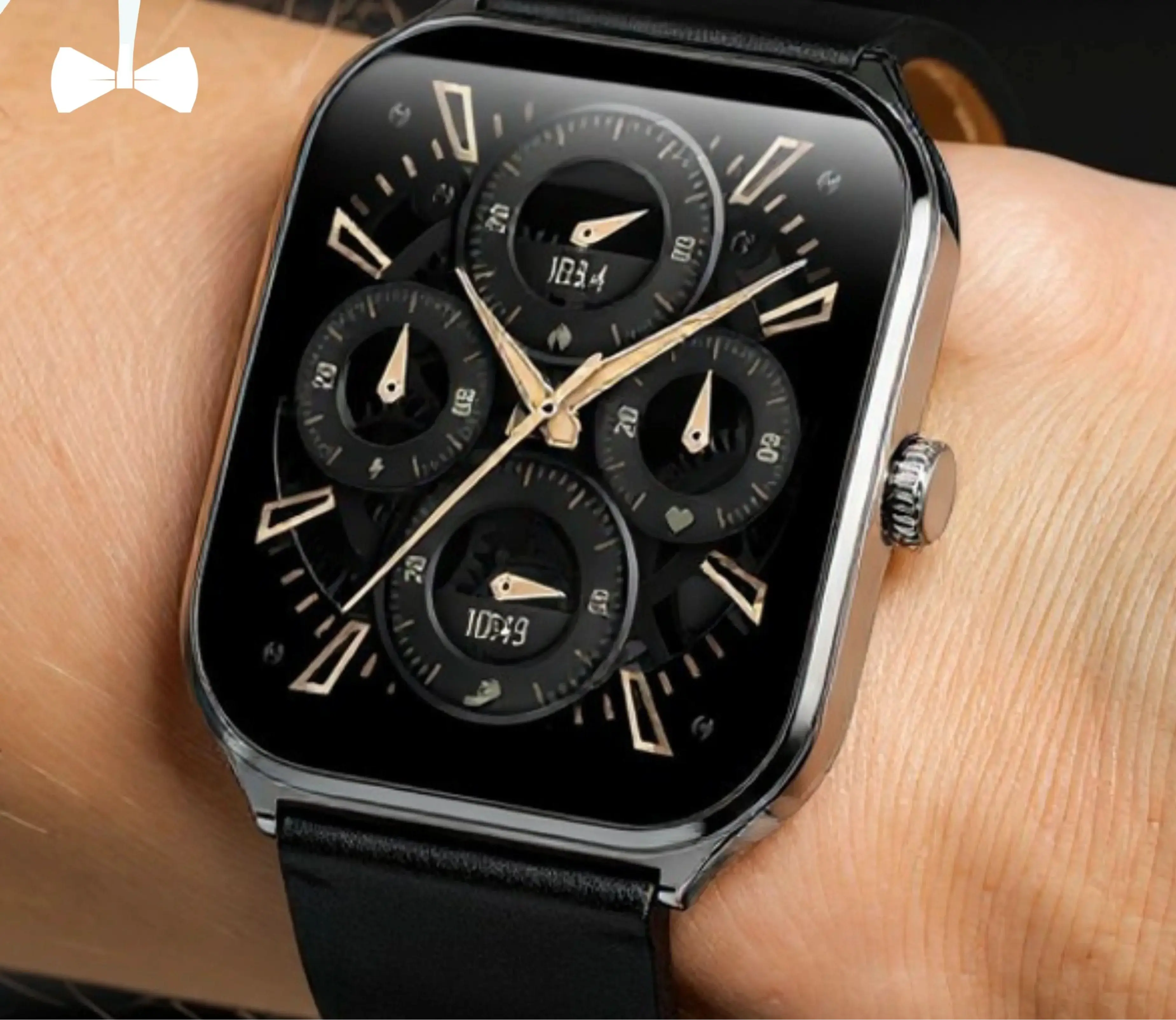 Black smartwatch with a rectangular face, gold-tone hands and markers, multiple sub-dials displaying fitness metrics, and a black leather strap.