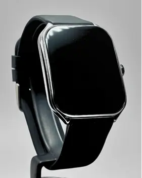 Black smartwatch with a sleek, rectangular screen and matching black strap.