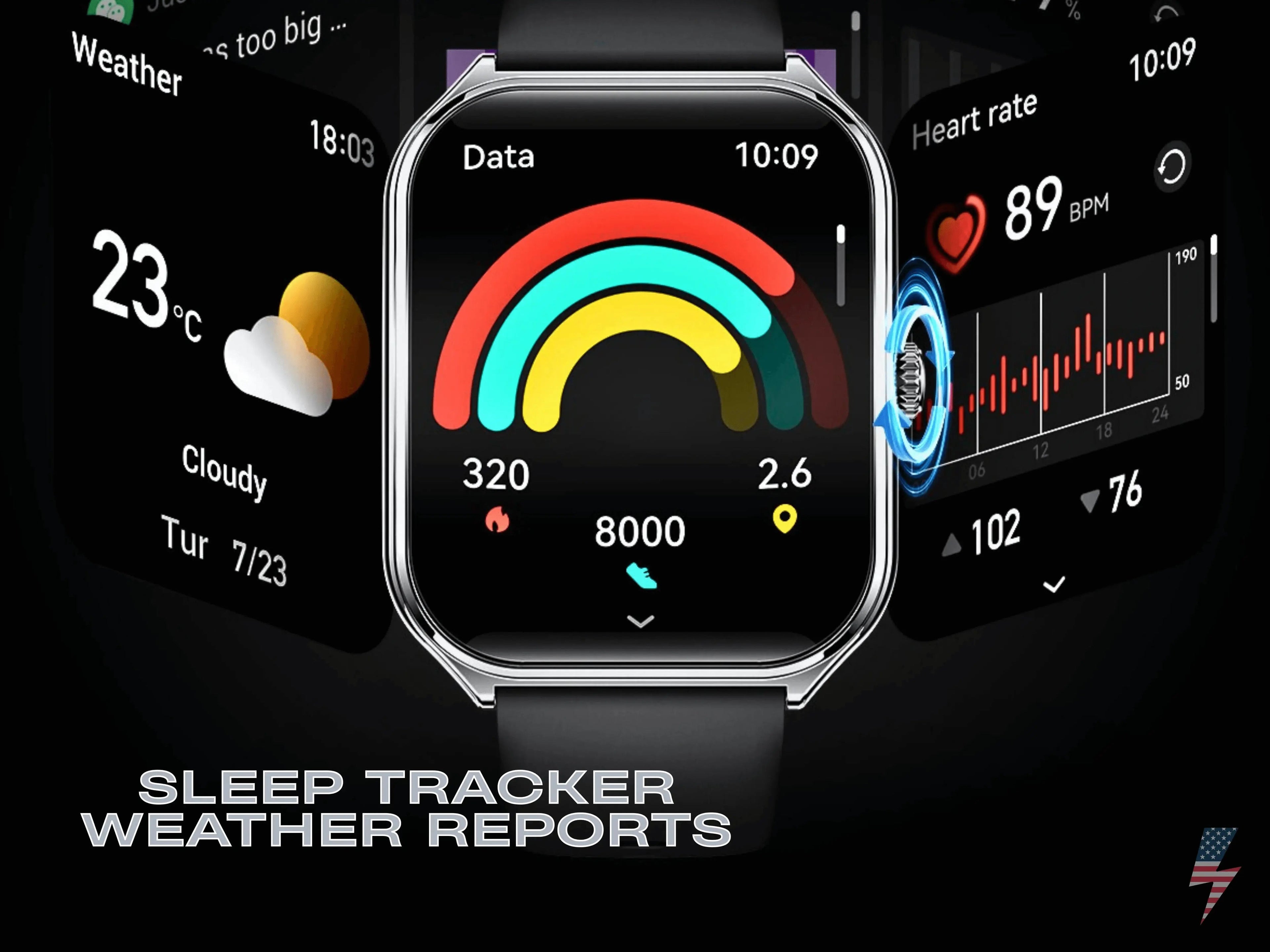 Smartwatch with a rectangular silver case, black strap, and colorful digital display showing health metrics.