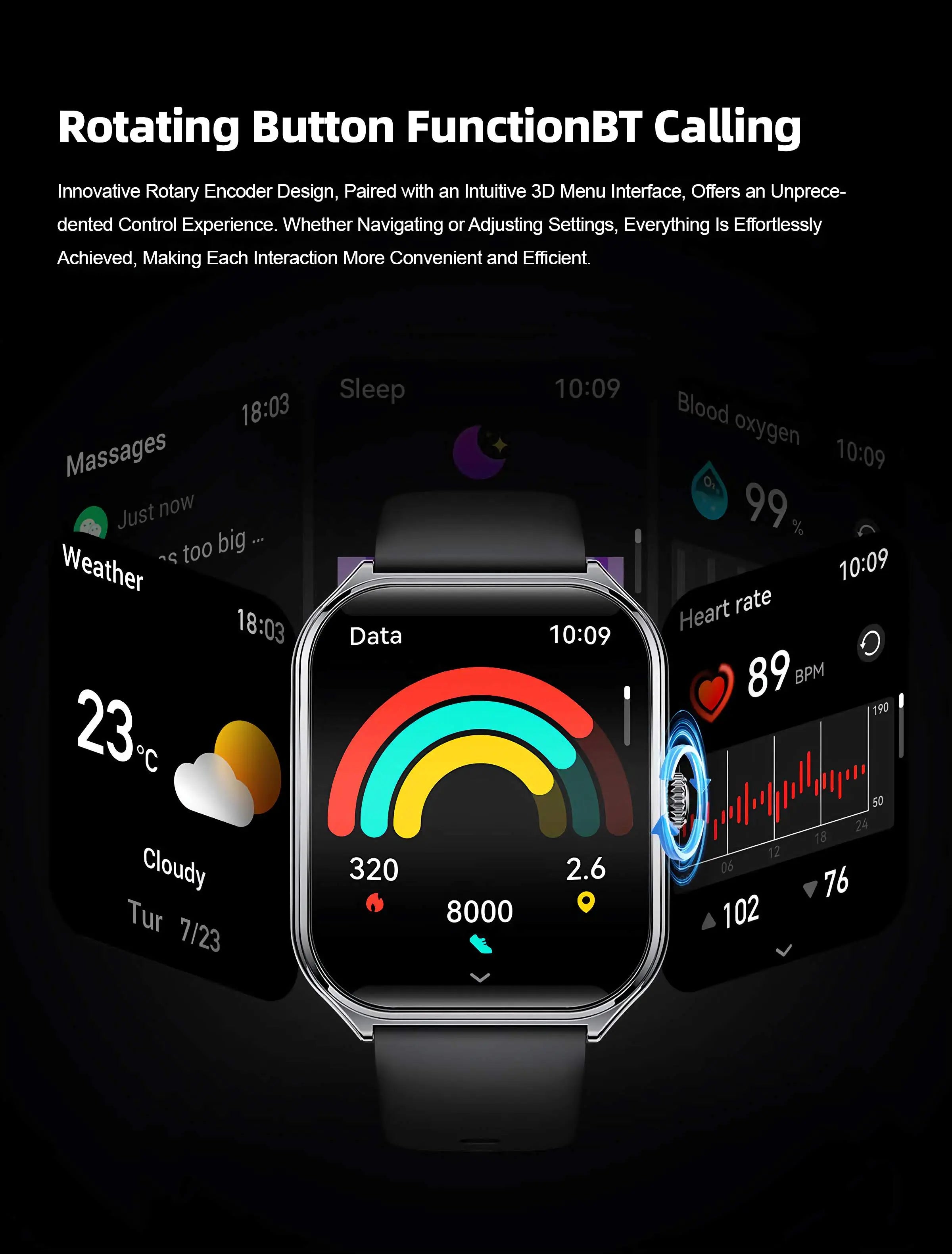 Silver-framed smartwatch with a black strap and colorful digital display showing health metrics.