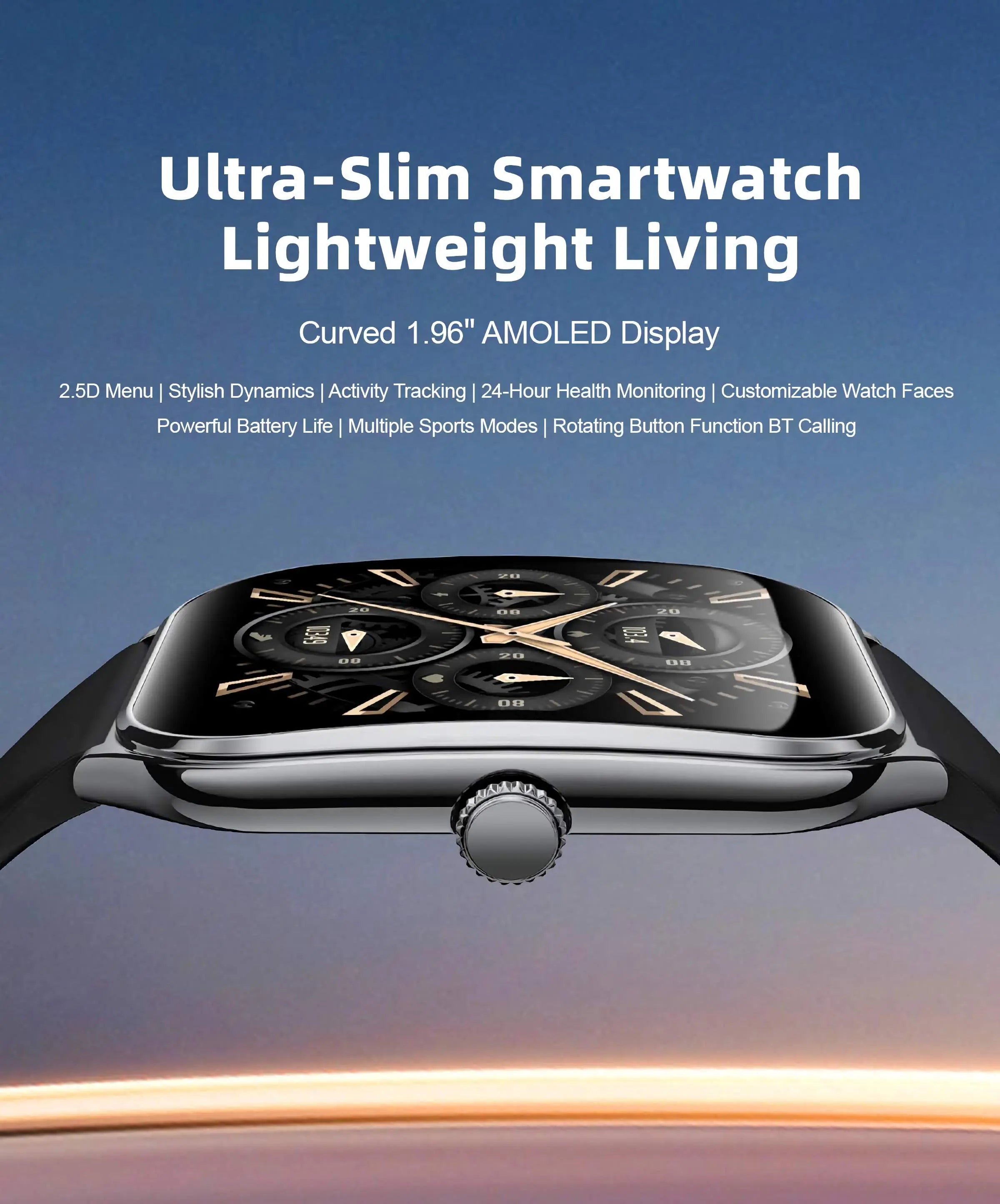 Silver-framed ultra-slim smartwatch with a curved 1.96-inch amoled display and black watch face featuring gold-toned hands and markers, paired with a sleek black strap.