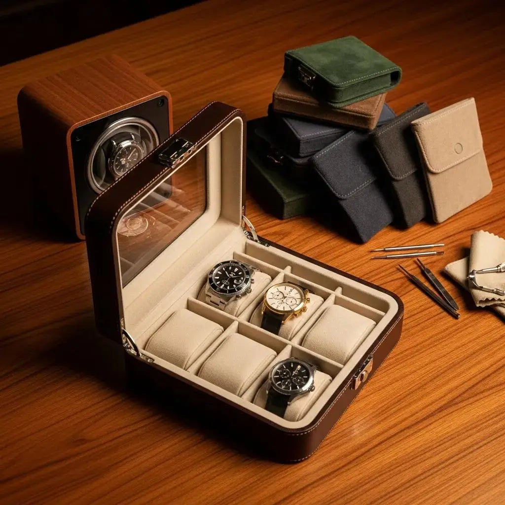 Various watch storage solutions including padded box and watch winder