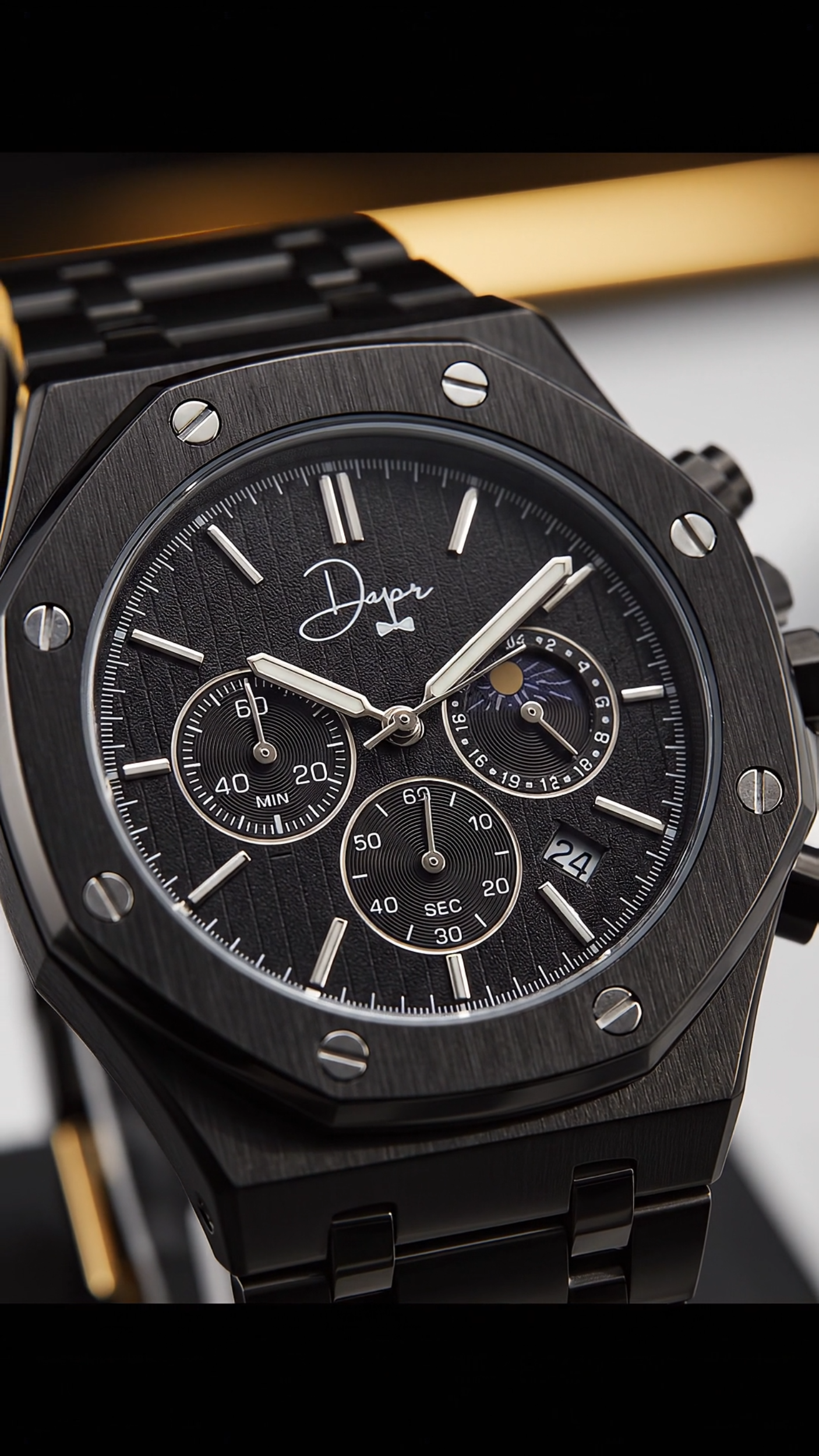 Black watch with detailed face and brand name on a blurred background